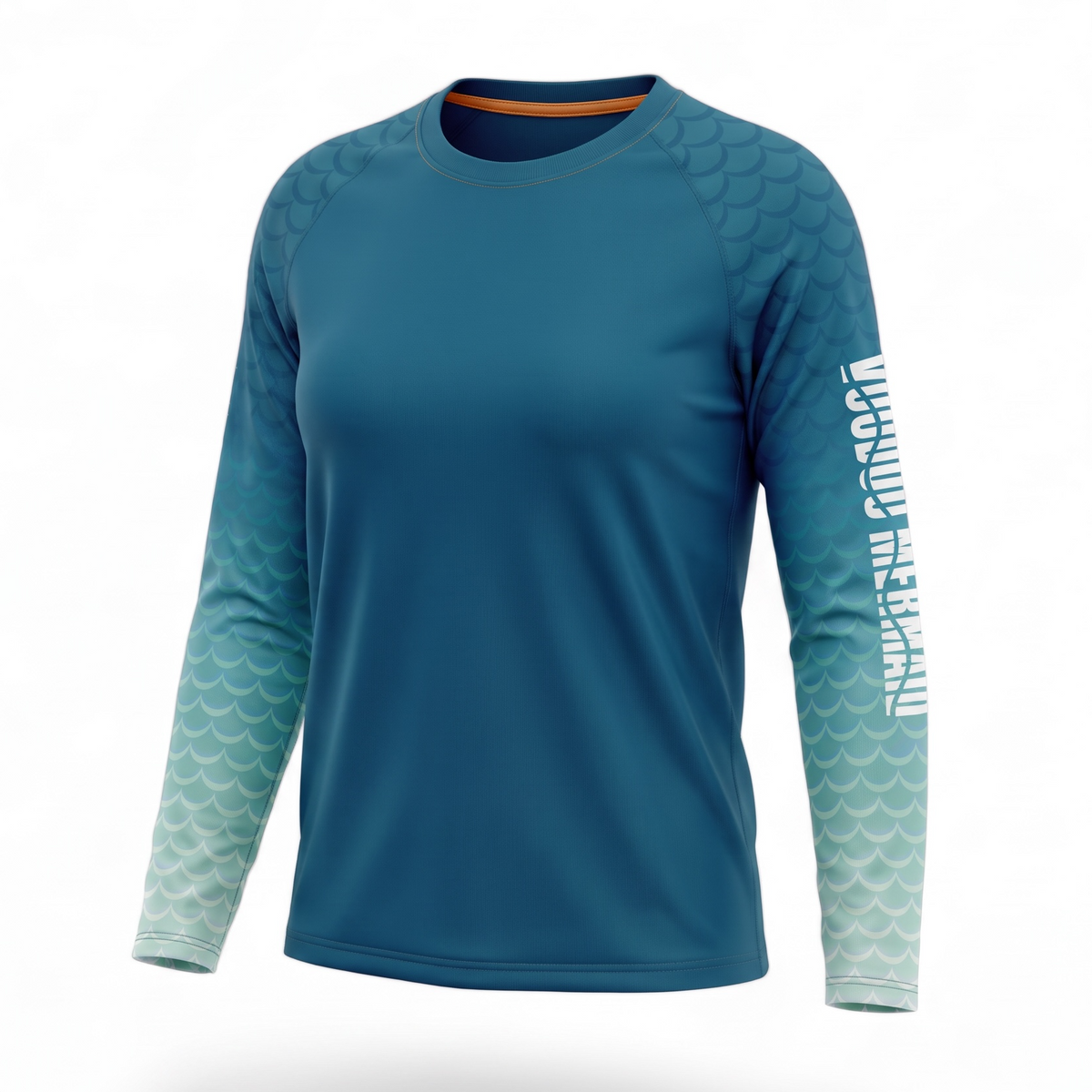 A long-sleeve athletic shirt in teal blue with a scale pattern fading into light aqua on the sleeves, featuring white vertical text on the right sleeve that reads 'MERCURY FISHING' and a small orange accent inside the collar, shown on a white background with a soft shadow.
